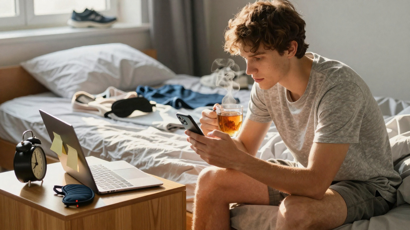 Jovem sentado no quarto a beber chá quente e a usar o telemóvel, com computador portátil e despertador na mesa.