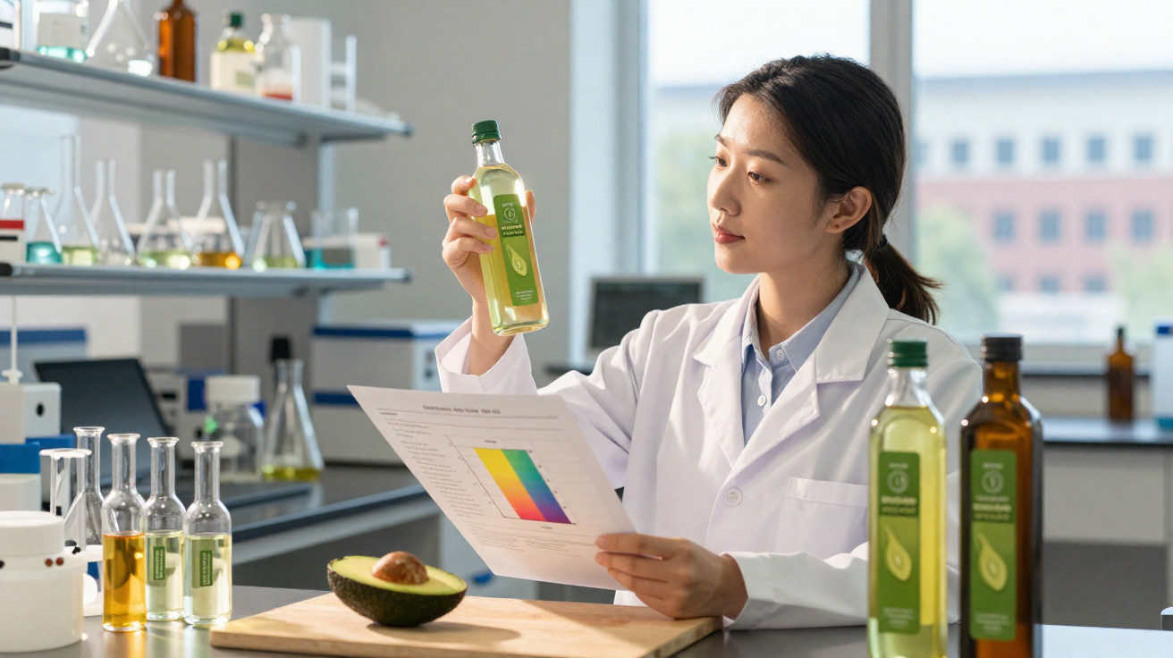 Mulher cientista em laboratório analisa óleo de abacate e gráfico enquanto pesquisa produtos naturais.