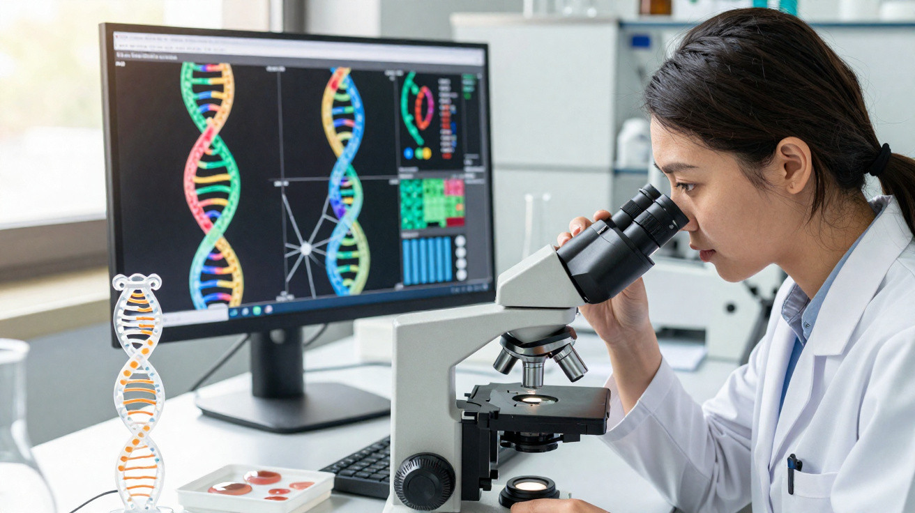 Mulher cientista a observar amostra no microscópio com ecrã a mostrar estrutura de DNA ao fundo.