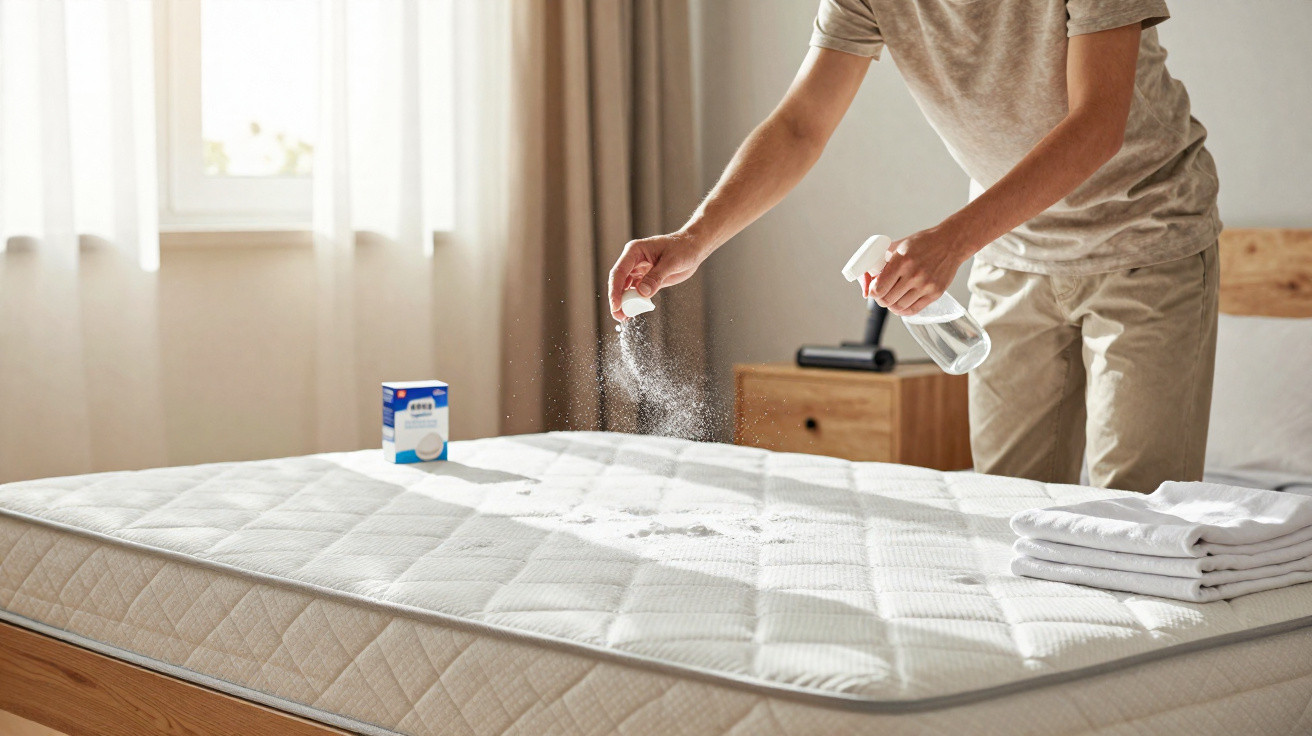 Pessoa a aplicar spray de limpeza ou desinfetante num colchão branco numa cama de quarto iluminado.