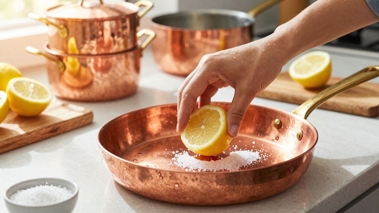 Mão a esfregar meio limão com sal grosso numa frigideira de cobre numa cozinha iluminada.