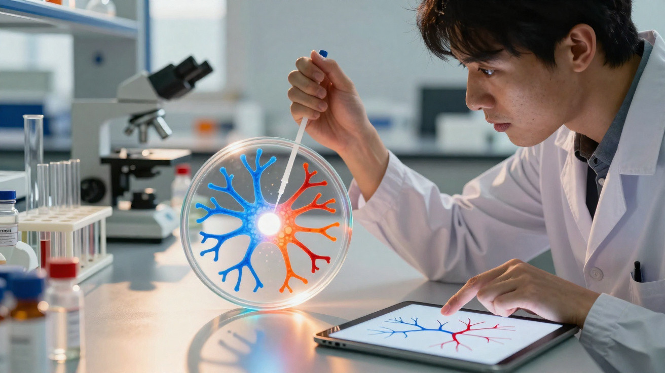 Cientista analisa modelo iluminado de neurónios coloridos com recurso a pipeta e tablet num laboratório.