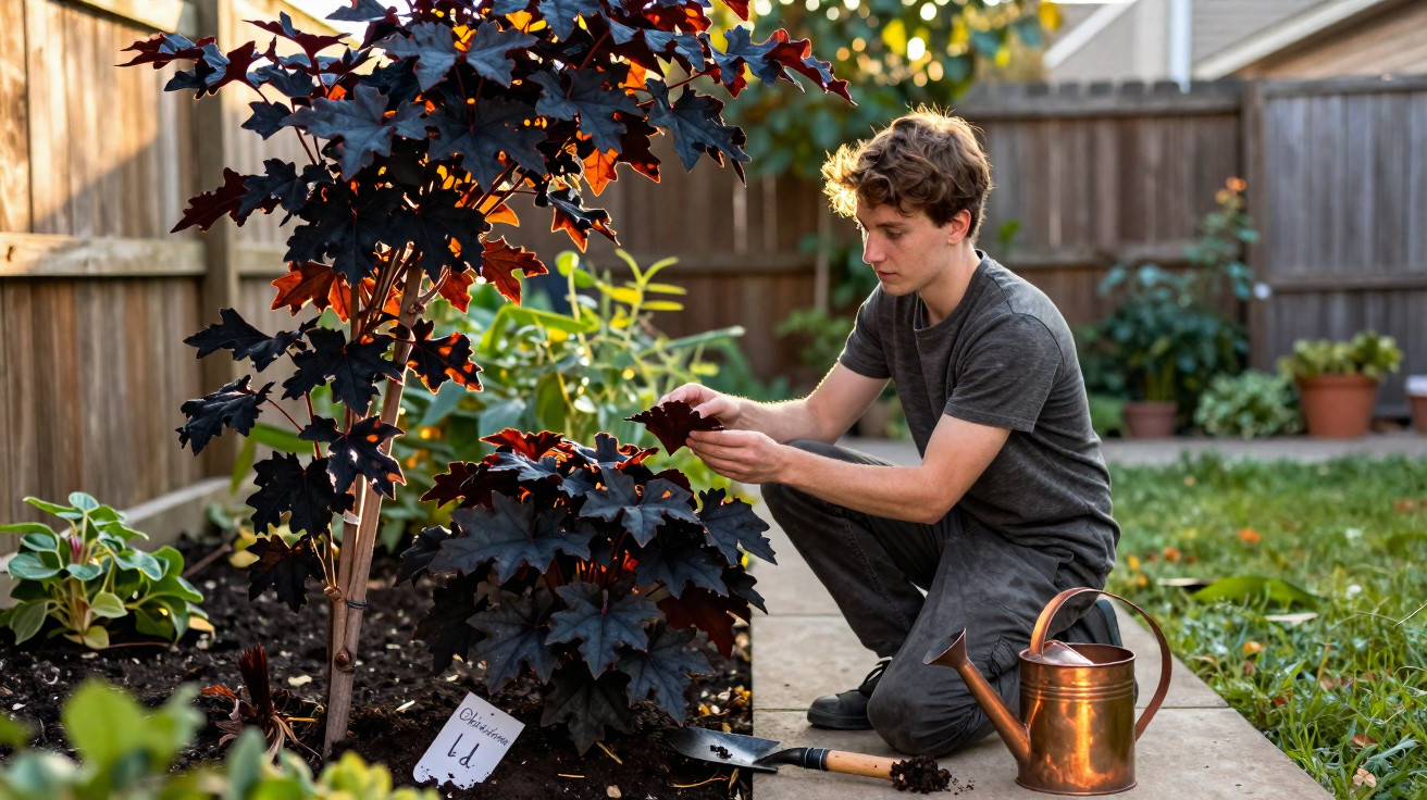 Jovem cuida de planta com folhas escuras num jardim caseiro, com regador e enxada ao seu lado.
