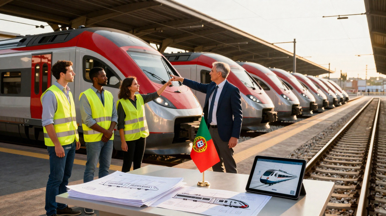 Engenheiros numa plataforma de comboios recebem as chaves de um comboio com bandeira de Portugal ao lado.