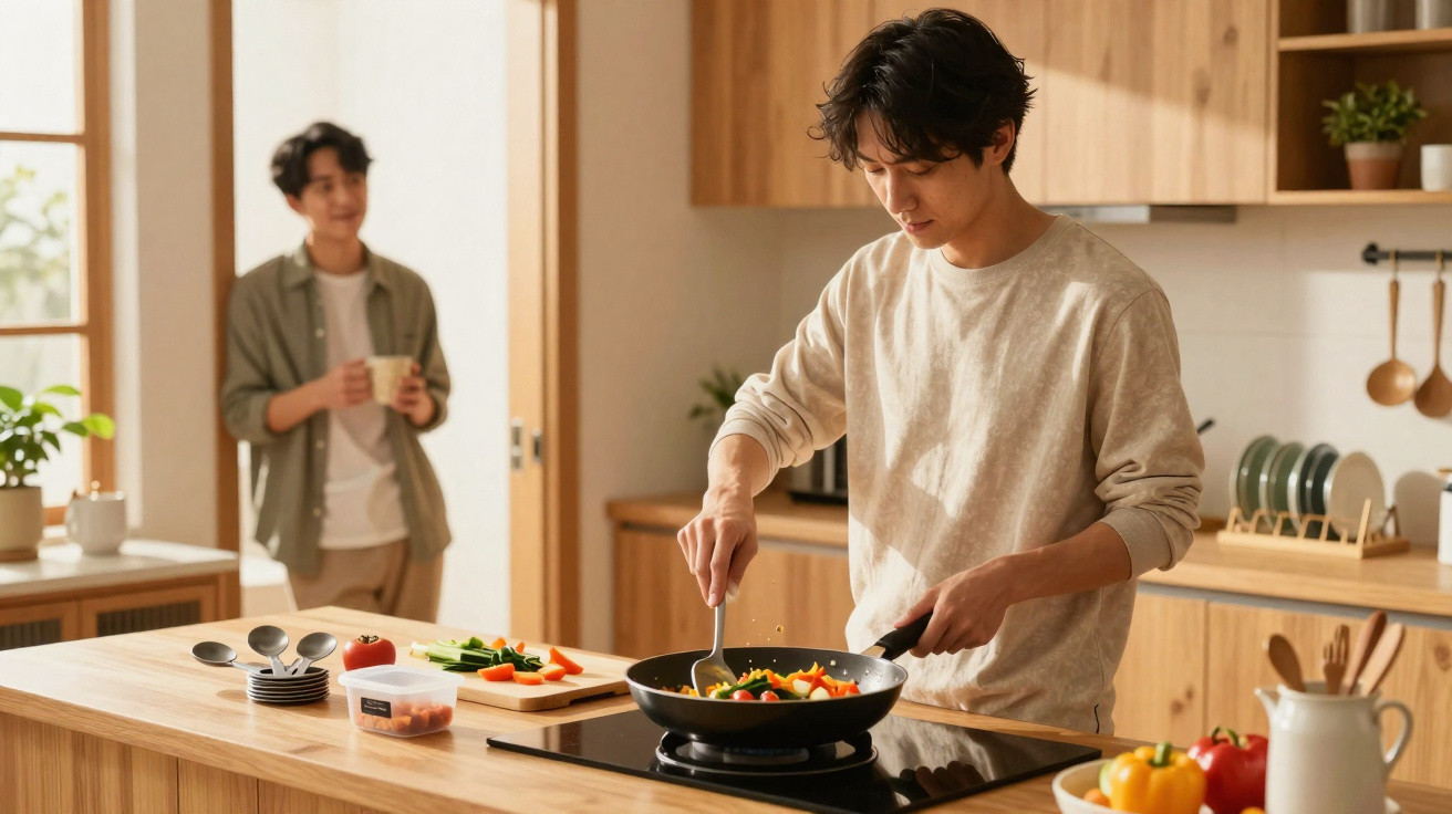 Homem a cozinhar legumes numa frigideira na cozinha enquanto outro observa com uma chávena na mão.