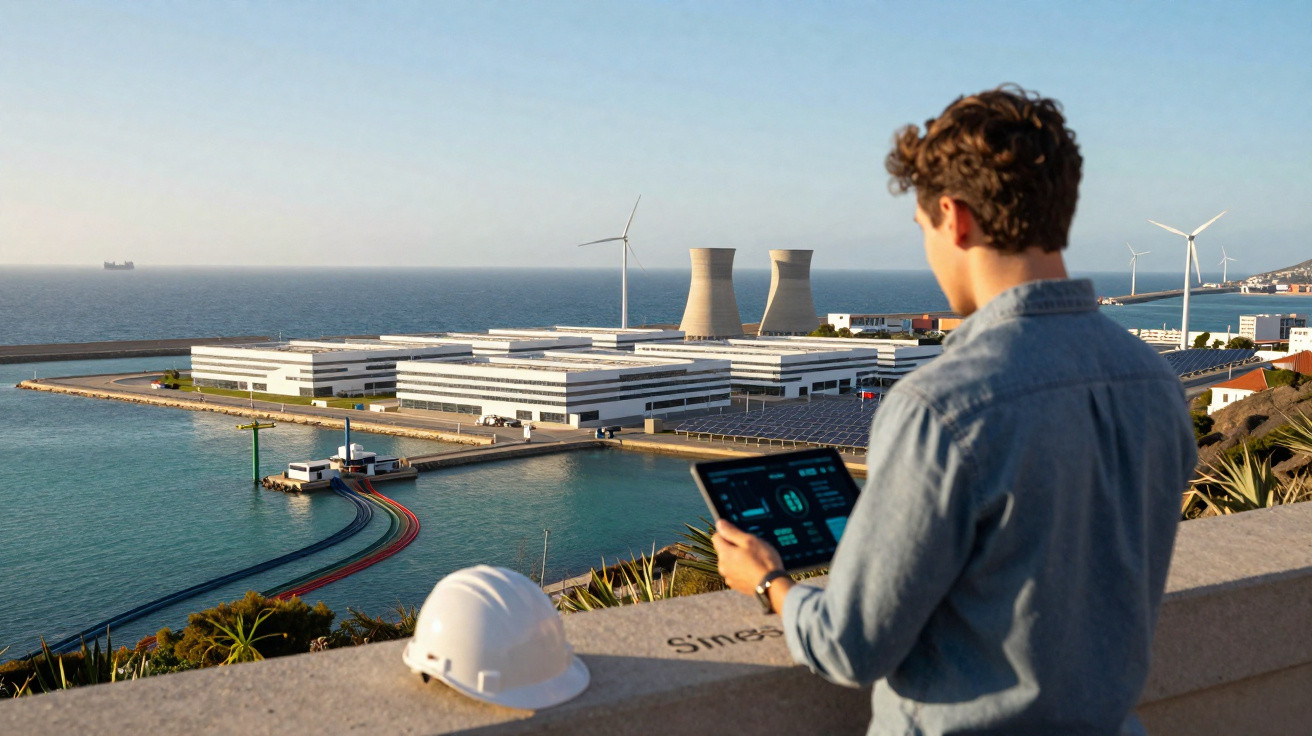 Homem com tablet observa central de energia com turbinas eólicas junto ao mar ao pôr do sol.