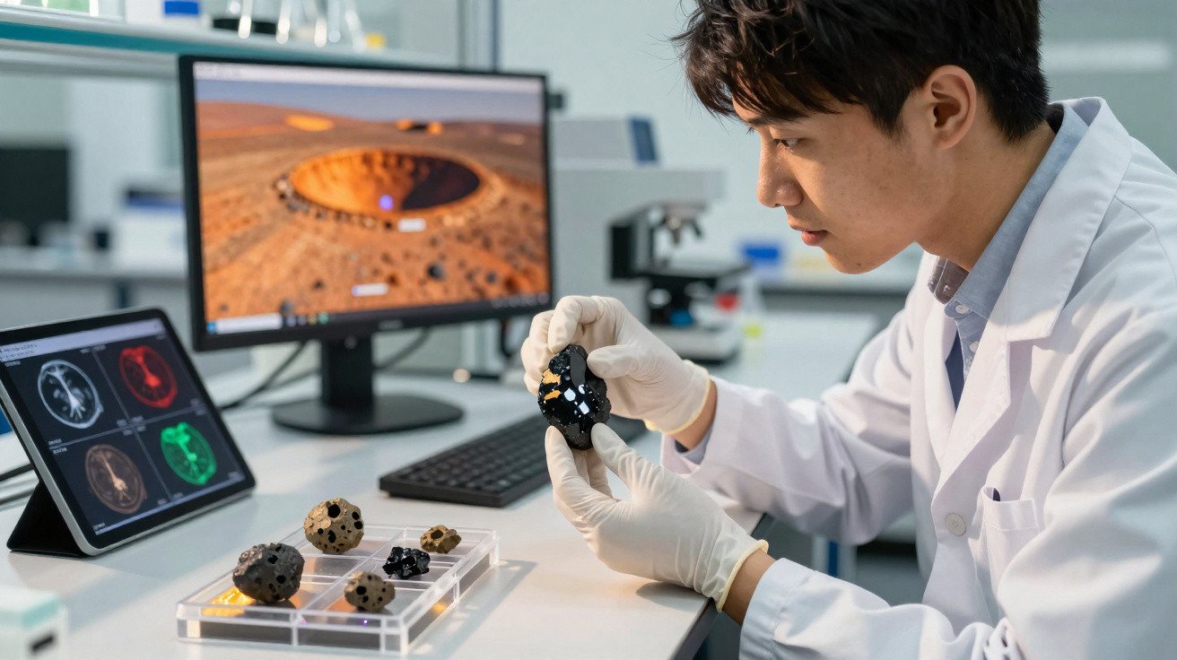 Cientista em laboratório analisa amostra de rocha enquanto imagens digitais de crateras e cérebro aparecem em ecrãs.