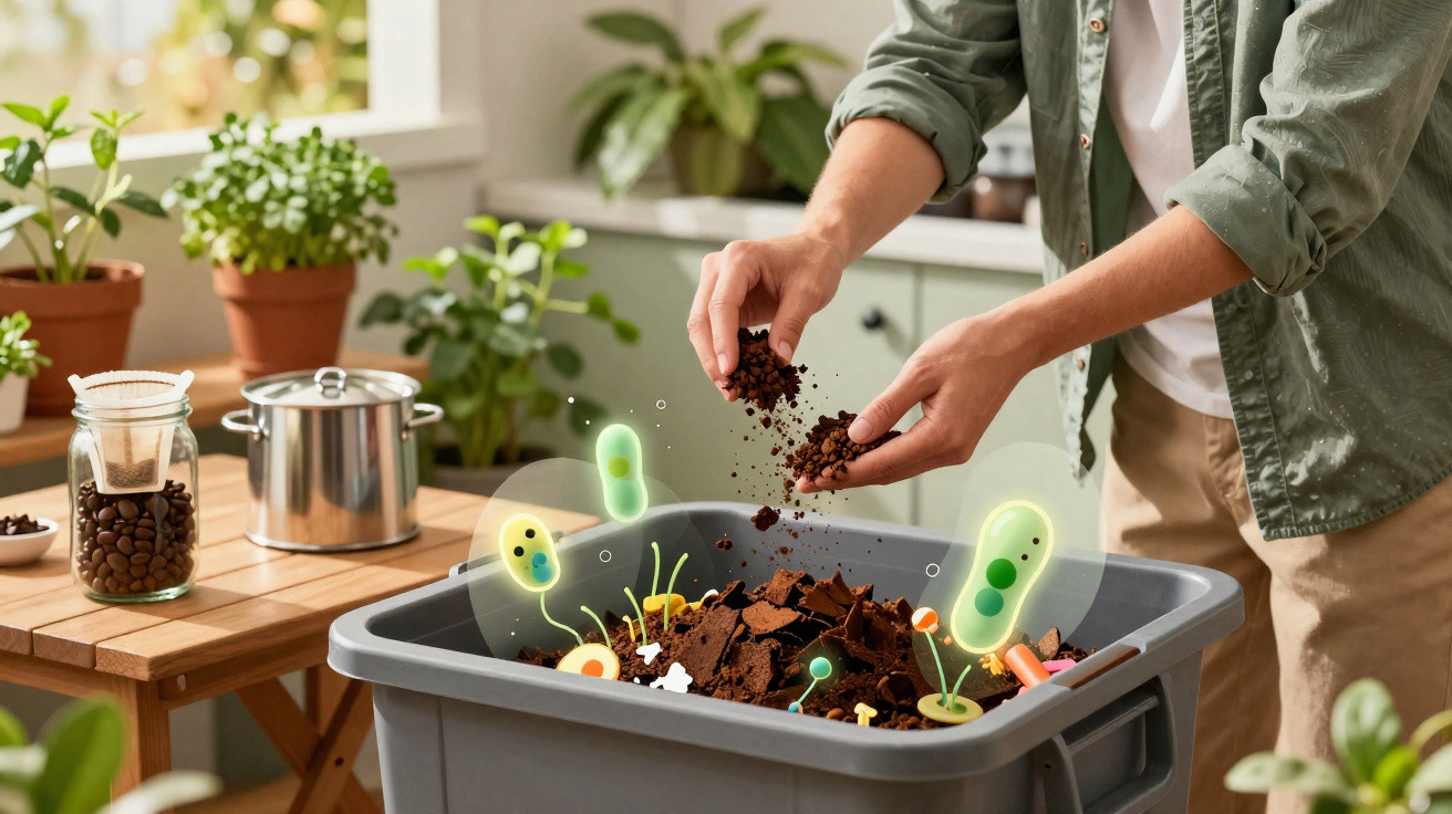 Pessoa a adicionar borra de café a compostor doméstico com plantas e ilustração de microrganismos visíveis.