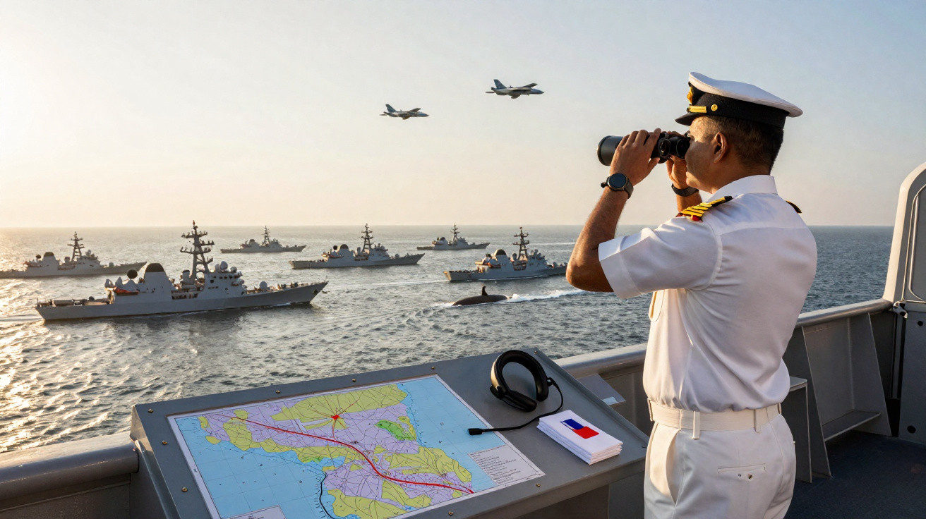 Oficial naval observa com binóculos várias fragatas e jatos em demonstração marítima ao pôr do sol.