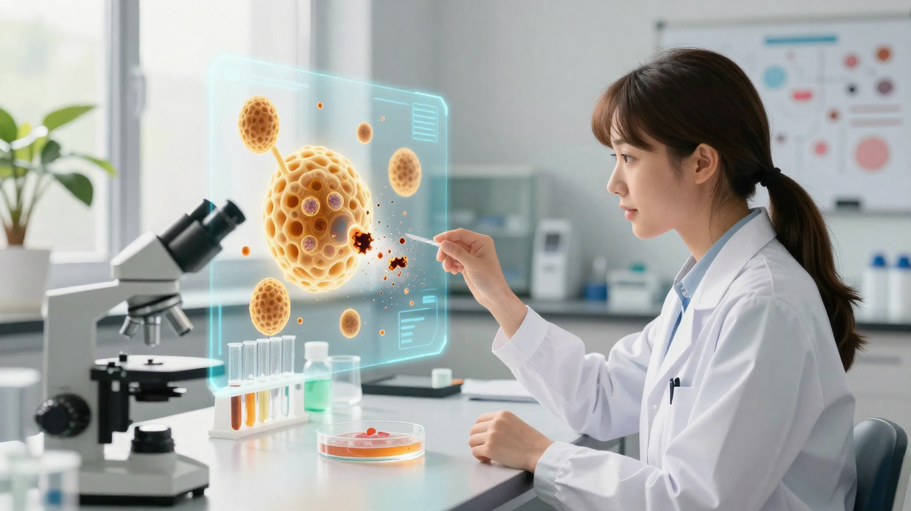Cientista mulher analisa vírus holográfico num laboratório moderno com microscópio e tubos de ensaio.