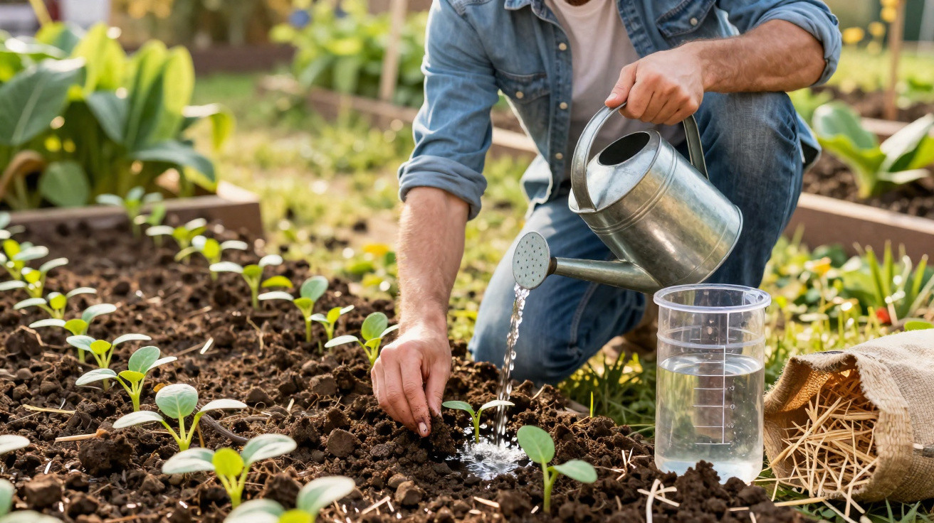 Pessoa a regar pequenas plantas numa horta com regador metálico em dia soalheira.