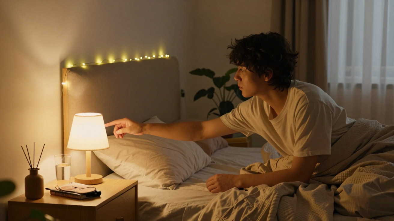 Pessoa deitada na cama a apagar a luz de um candeeiro numa noite acolhedora.