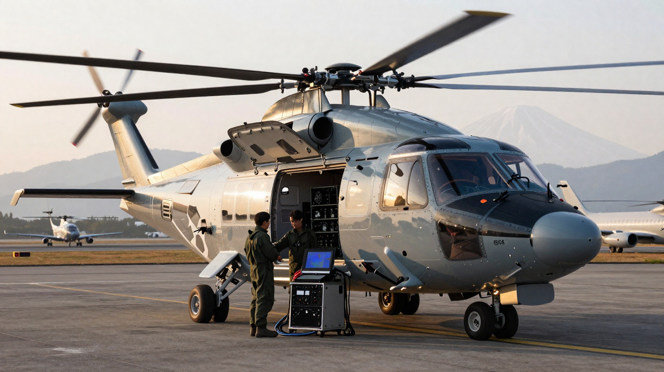Helicóptero militar cinza com porta lateral aberta e duas pessoas em uniforme junto a um aparelho electrónico na pista.