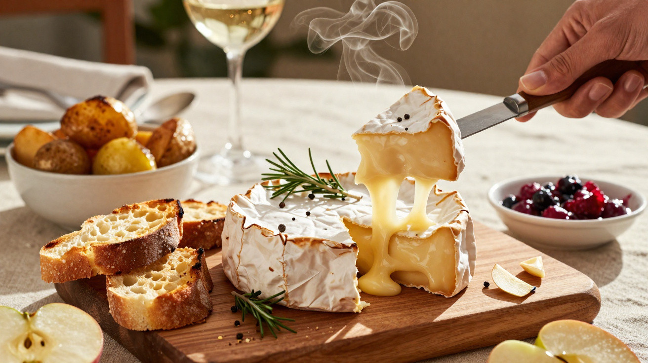 Queijo brie cremoso a derreter numa tábua com pão, batatas e vinho branco ao fundo.