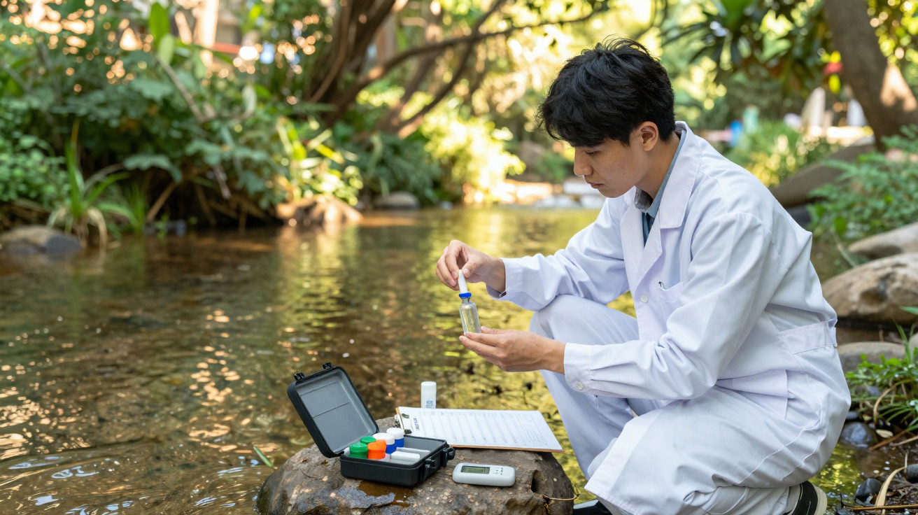 Cientista em bata branca a recolher e analisar amostra de água num rio rodeado de vegetação.