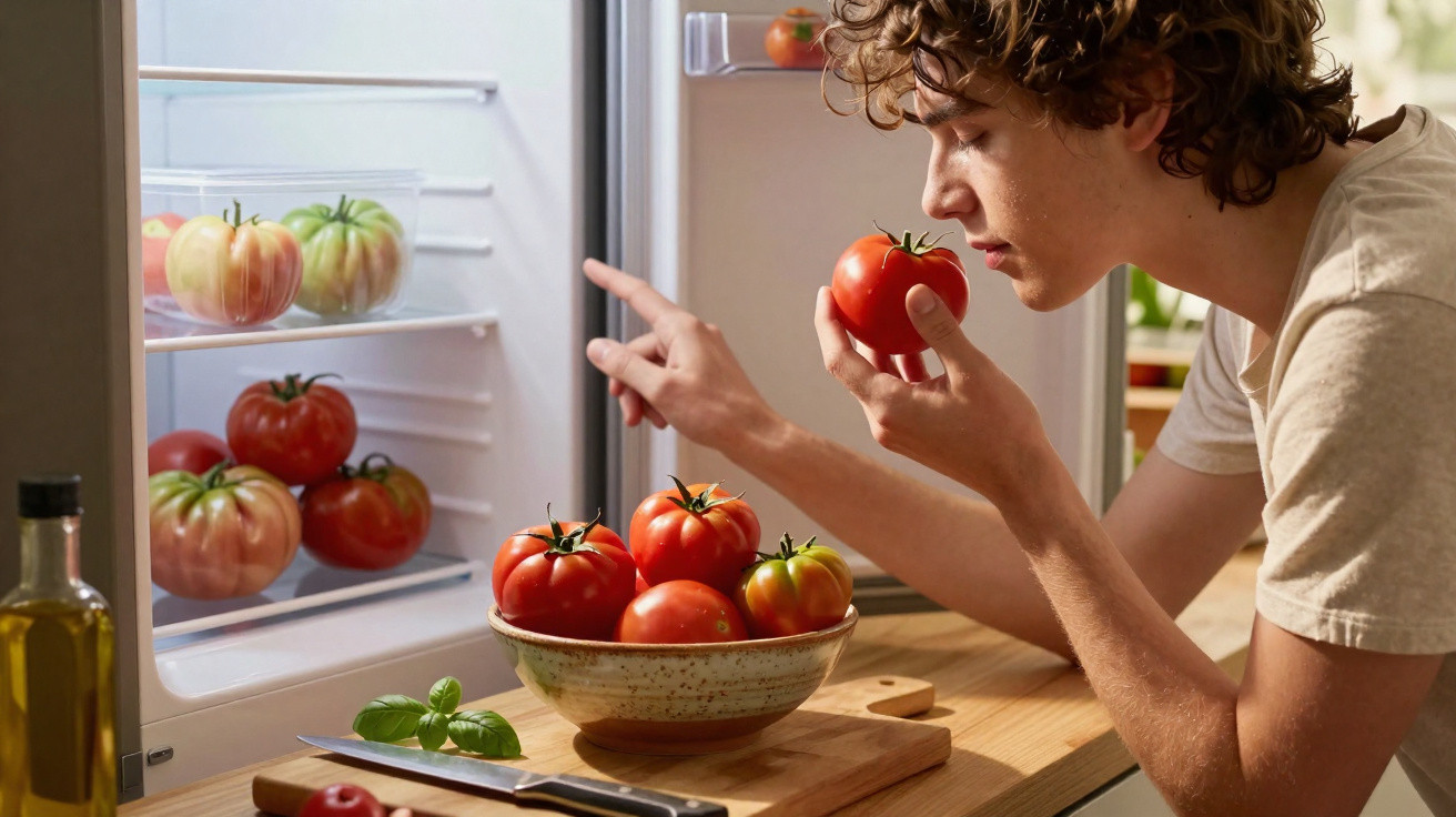 Pessoa a tirar tomate do frigorífico, com mais tomates numa taça e uma faca na bancada de madeira.