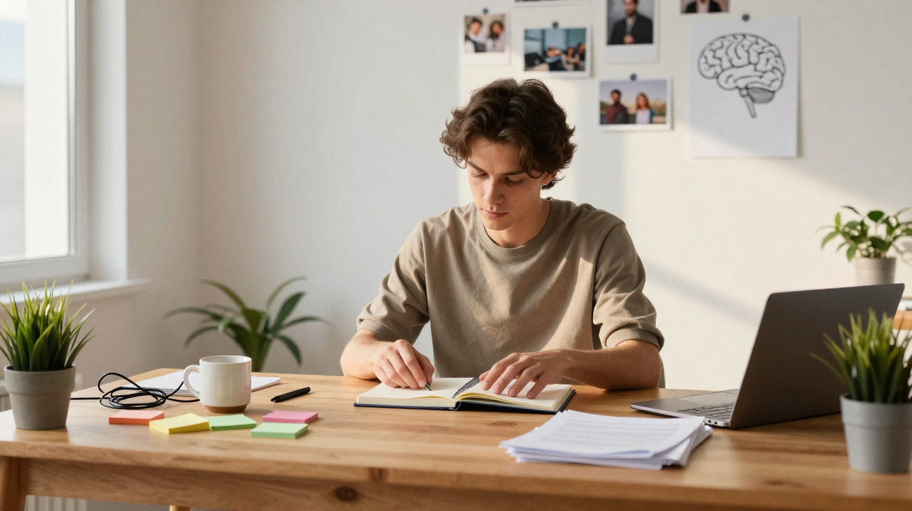 Jovem a estudar com caderno aberto numa mesa com plantas, computador portátil e várias anotações.