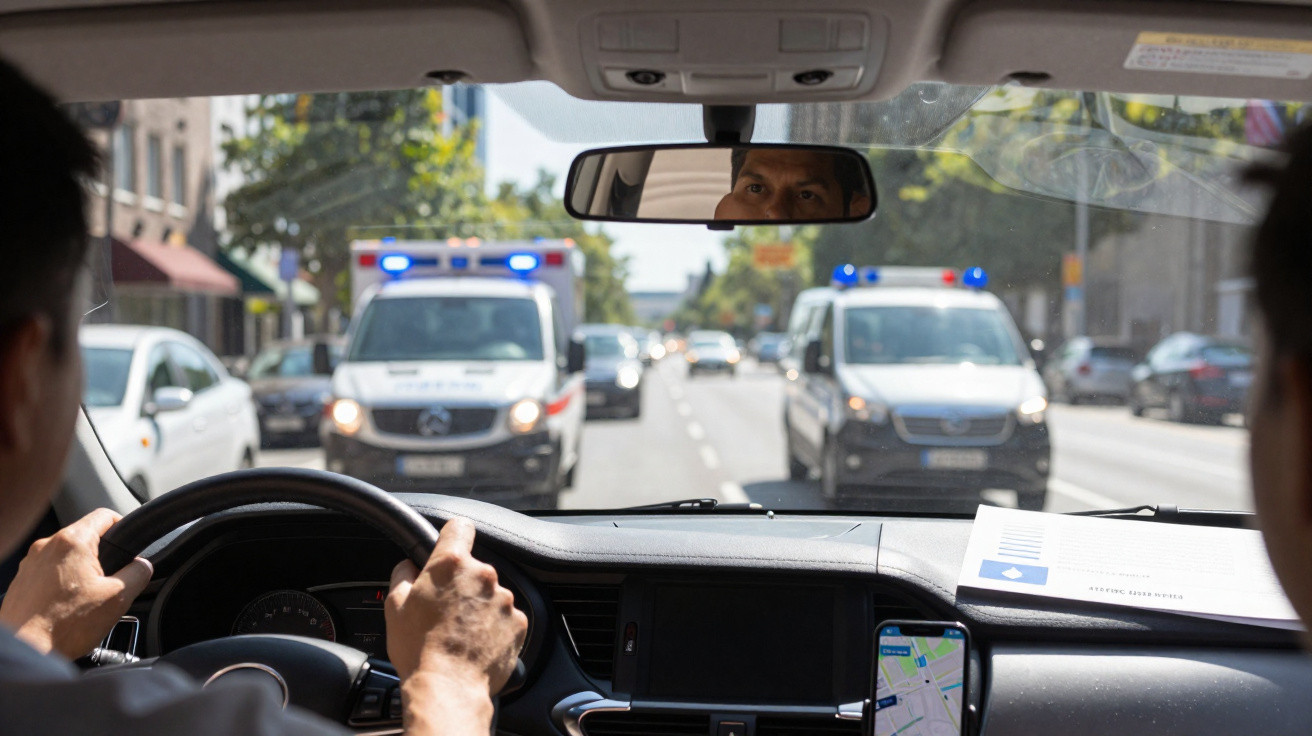 Vista interior de um carro com polícia a aproximar-se com sirenes ligadas numa estrada urbana movimentada.