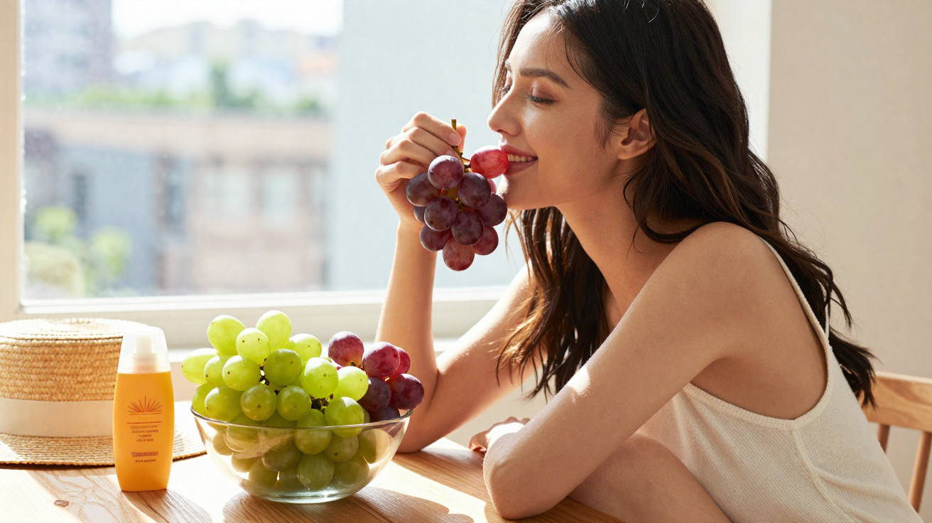 Mulher sorridente a comer uvas vermelhas junto a uma taça com uvas verdes e vermelhas numa mesa de madeira.
