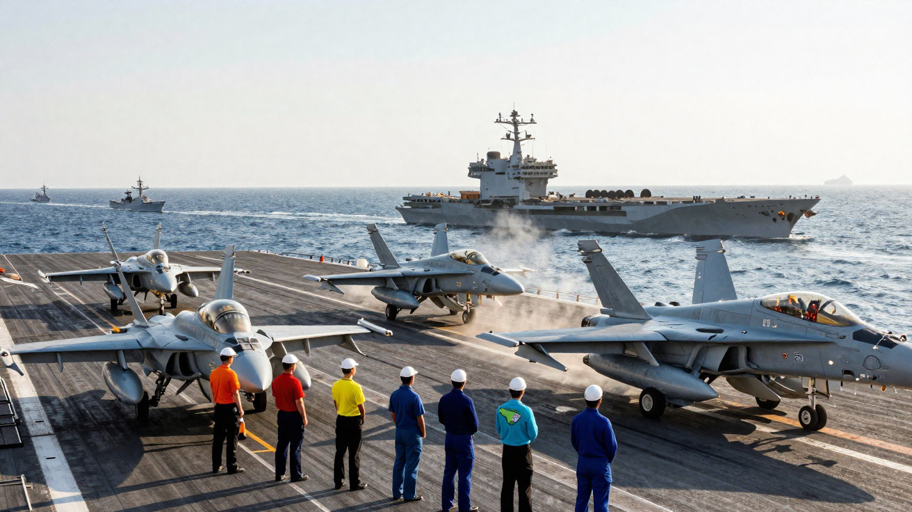Aviões militares no convés de porta-aviões com tripulantes alinhados e navios no mar ao fundo.