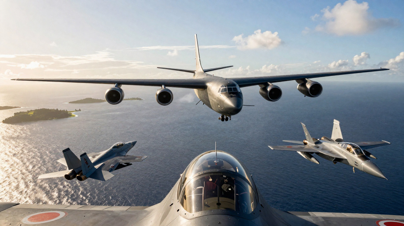 Formação de quatro aviões militares sobrevoando o oceano com ilhas ao fundo ao pôr do sol.