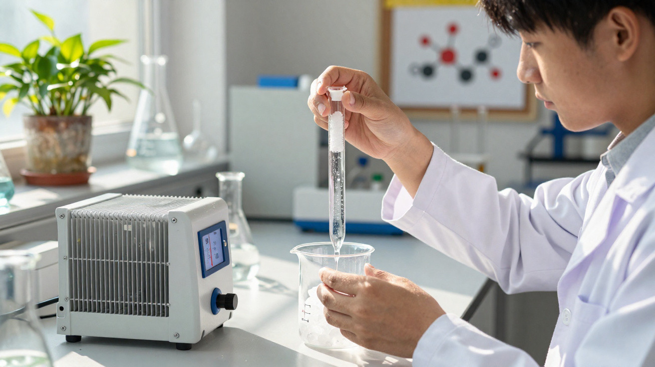 Cientista a manipular equipamento de laboratório com tubos de ensaio e béquer em ambiente iluminado.