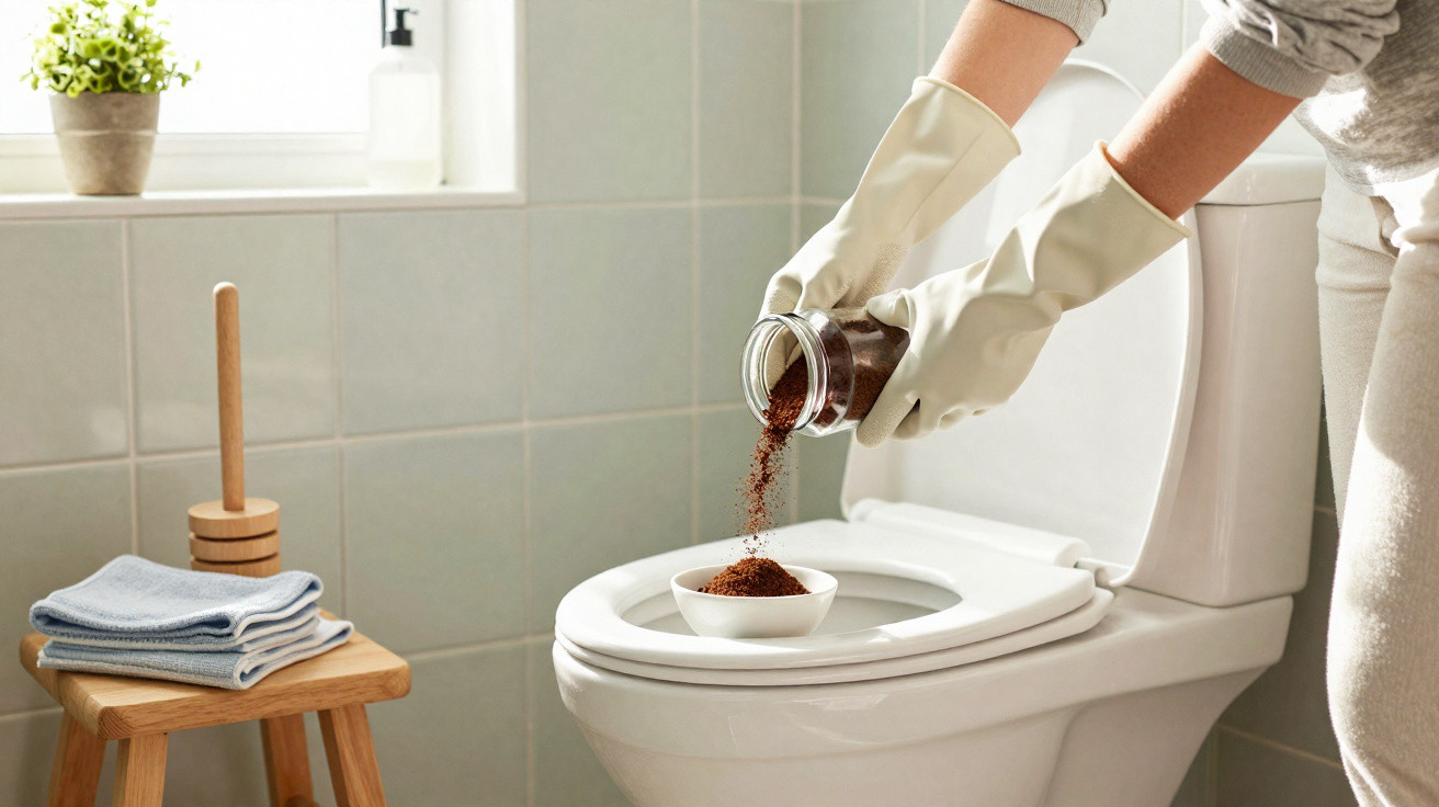 Pessoa de luvas a verter café moído numa tigela dentro da sanita numa casa de banho moderna.