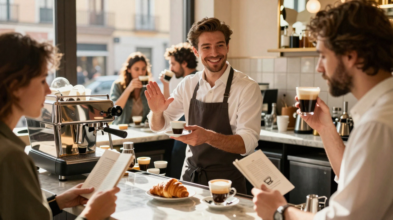 Barista sorridente serve café a duas pessoas que leem livros numa cafetaria luminosa.