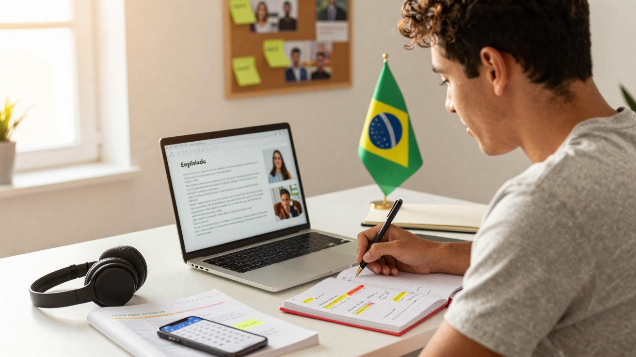 Jovem a estudar numa secretária com caderno, computador portátil, auscultadores e bandeira do Brasil.