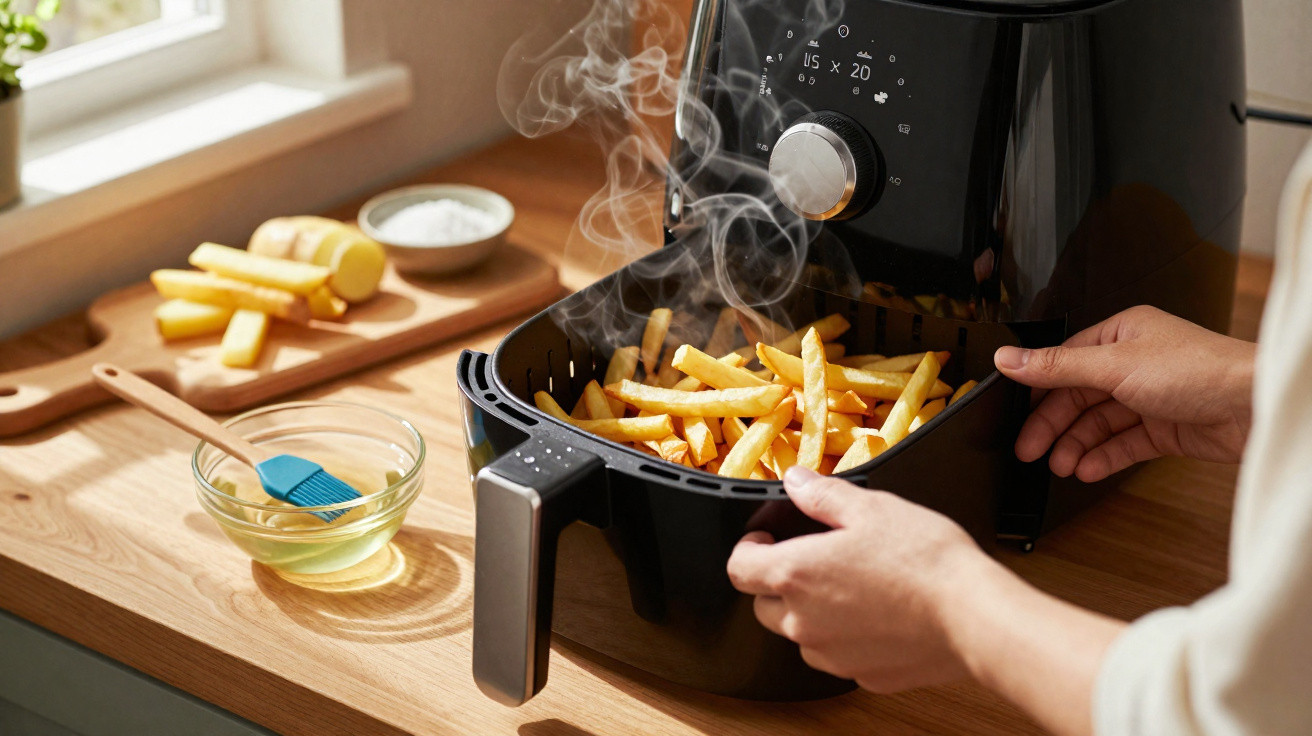 Pessoa a retirar batatas fritas quentes e fumegantes de uma fritadeira elétrica numa cozinha.