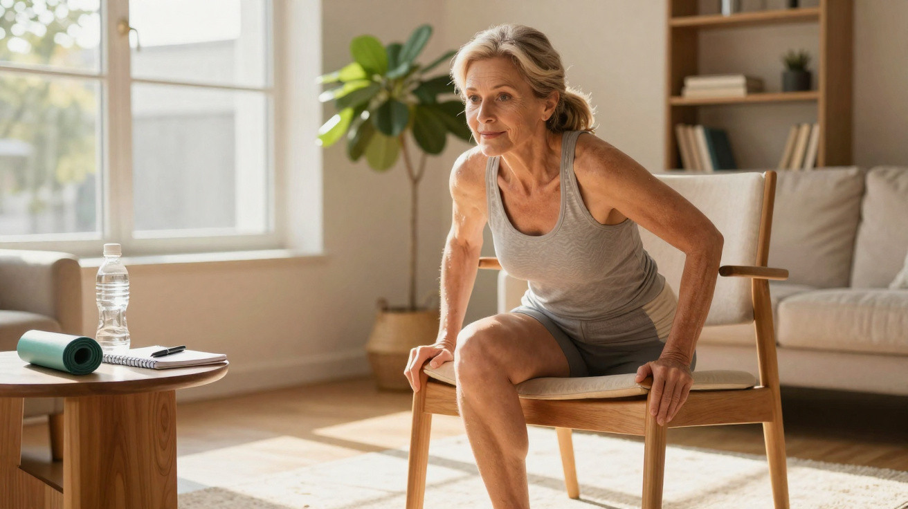 Mulher madura a fazer exercício físico sentada numa cadeira numa sala luminosa em casa.