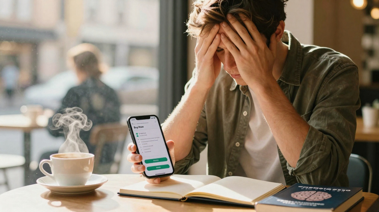 Homem preocupado com as mãos na cabeça, segurando telemóvel com aplicação financeira numa mesa com café e livros.