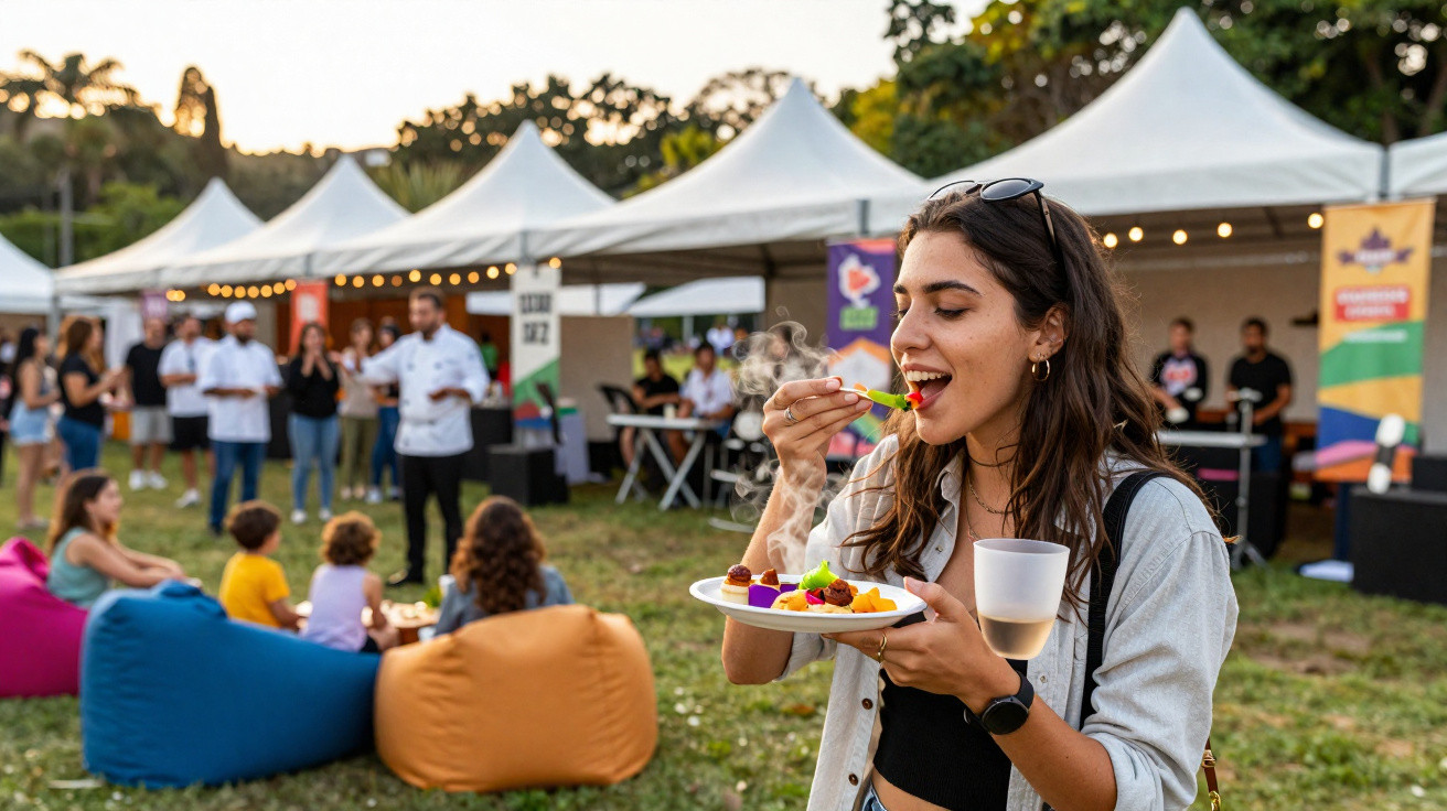 Jovem a comer comida quente num prato numa festa ao ar livre com tendas e pessoas ao fundo.