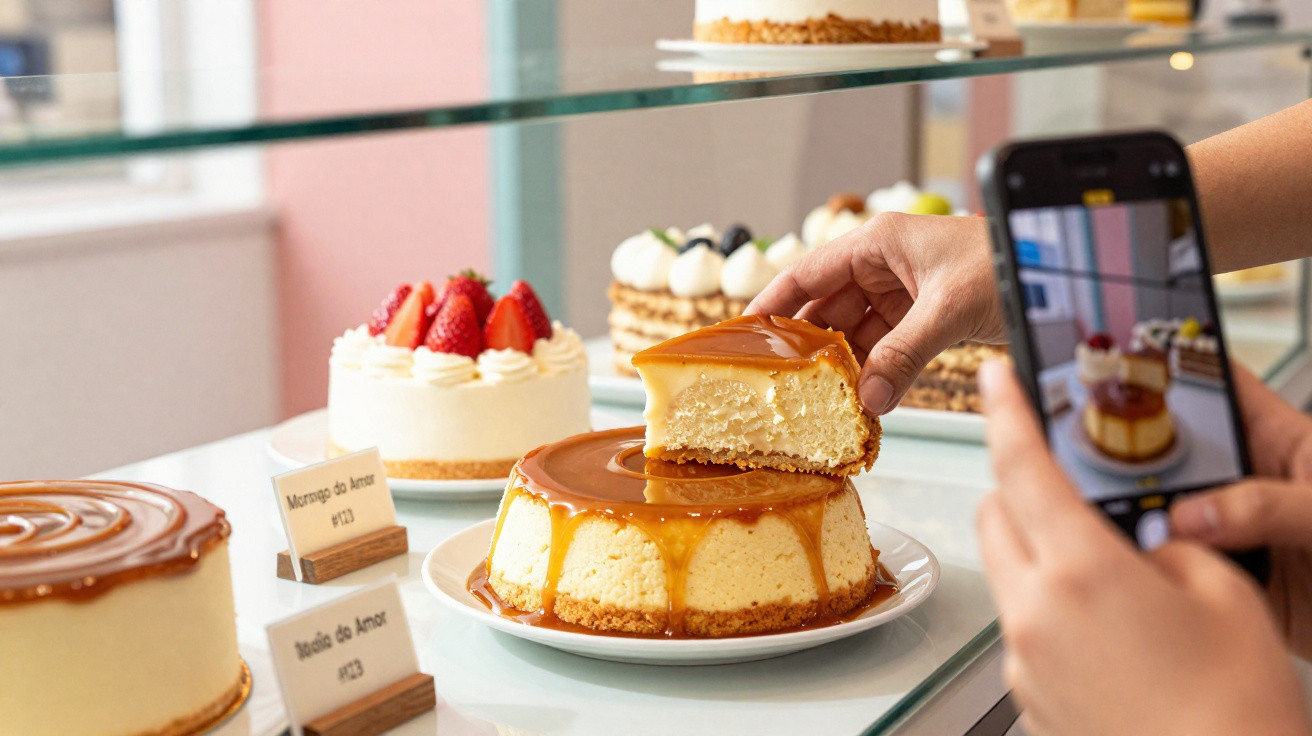 Pessoa a tirar foto com telemóvel a uma fatia de cheesecake com cobertura de caramelo numa montra de bolo.