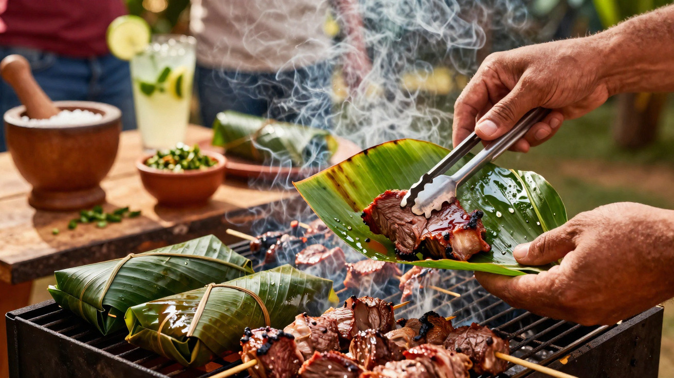 Churrasco de carne a ser colocado numa folha de bananeira com pinças, com comida e bebida ao fundo.
