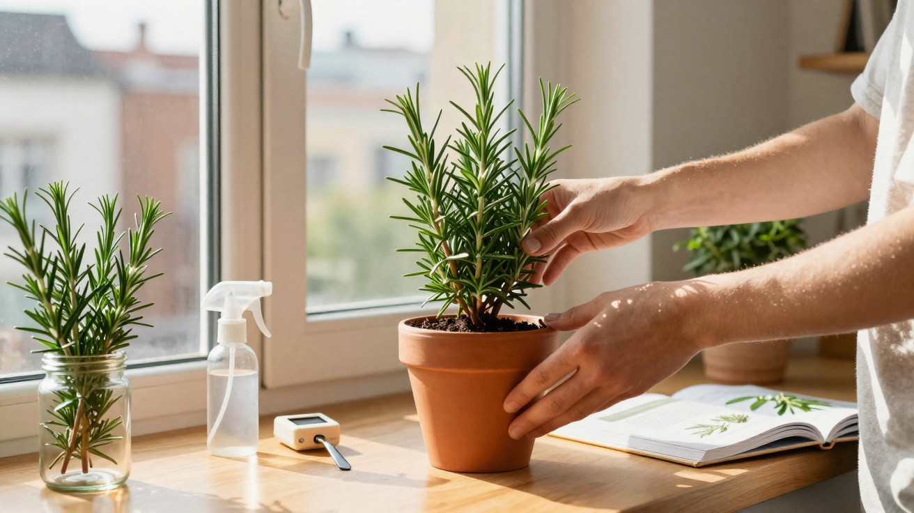 Mãos a cuidar de planta de alecrim em vaso terracota junto a janela com luz natural e livro aberto.