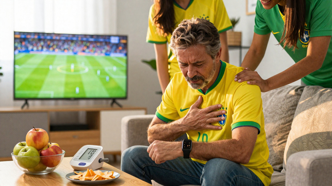 Homem com camisola de futebol do Brasil sentado no sofá a segurar o peito, com um monitor de pressão e fruta numa mesa à fren