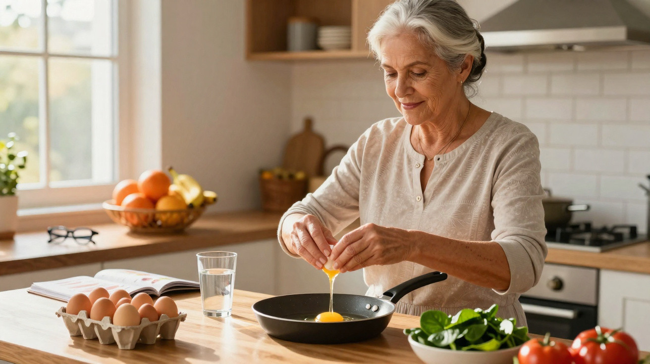 Mulher idosa a partir ovos numa frigideira, numa cozinha luminosa com frutas e legumes na bancada.