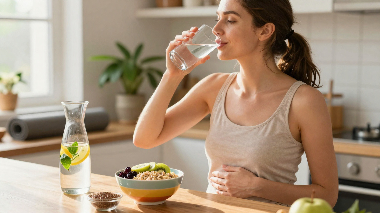Mulher grávida a beber água sentada numa cozinha com taça de frutas e aveia à frente.
