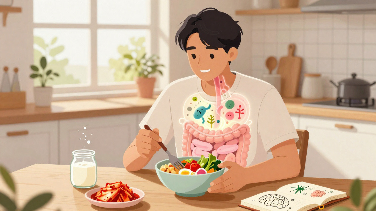 Homem a comer uma salada saudável com ilustração do sistema digestivo e microbioma intestinal em destaque.