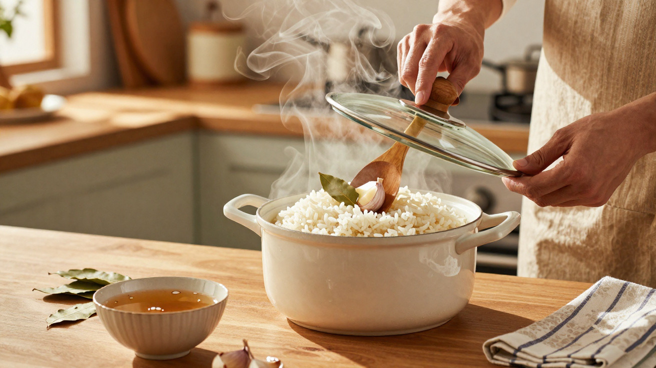 Mãos a abrir tampa de panela com arroz fumegante e louro, alho num ambiente de cozinha iluminada.