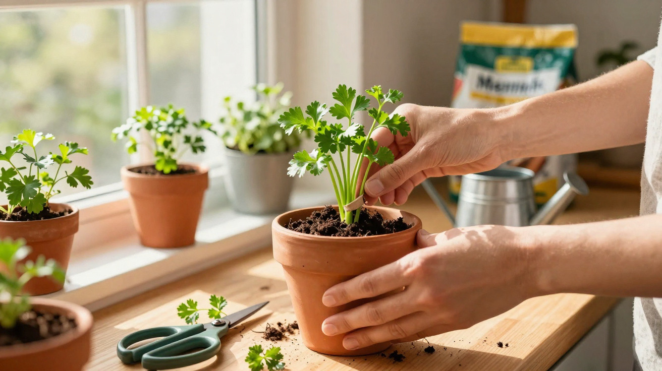 Mãos a transplantar uma planta de salsa num vaso de barro num parapeito de janela com outras plantas.