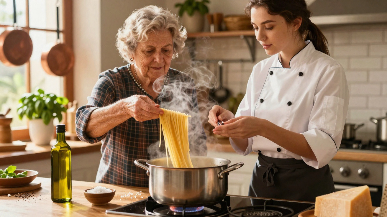 Avó e neta a cozinhar massa juntas numa cozinha acolhedora, com queijo e azeite na bancada.