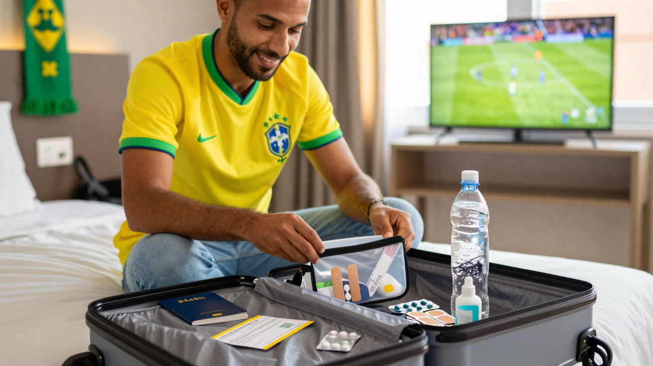 Homem com camisola do Brasil organiza kit de primeiros socorros numa mala, com jogo de futebol na TV ao fundo.