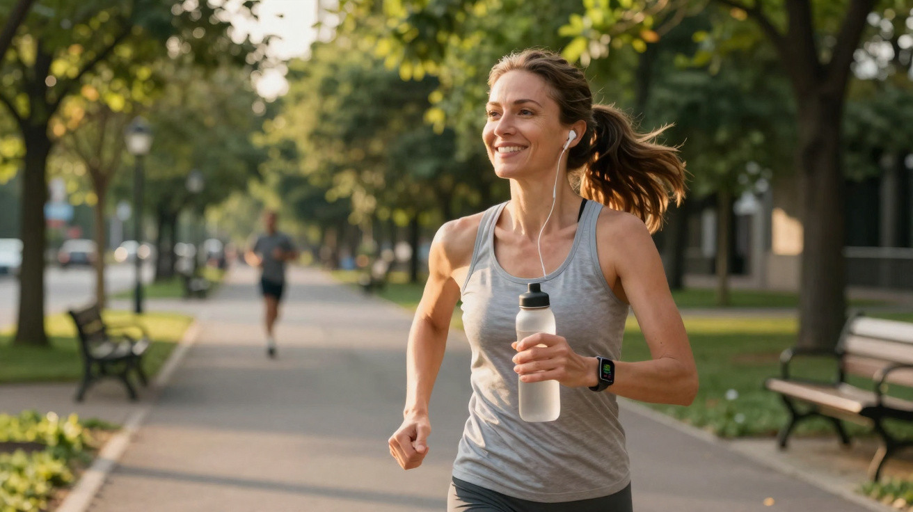 Mulher sorridente a correr num parque, com garrafa de água na mão e auriculares nos ouvidos.