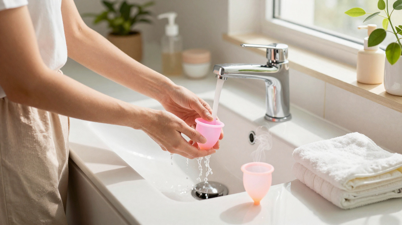 Pessoa a enxaguar um copo menstrual rosa transparente numa pia branca iluminada por luz natural.