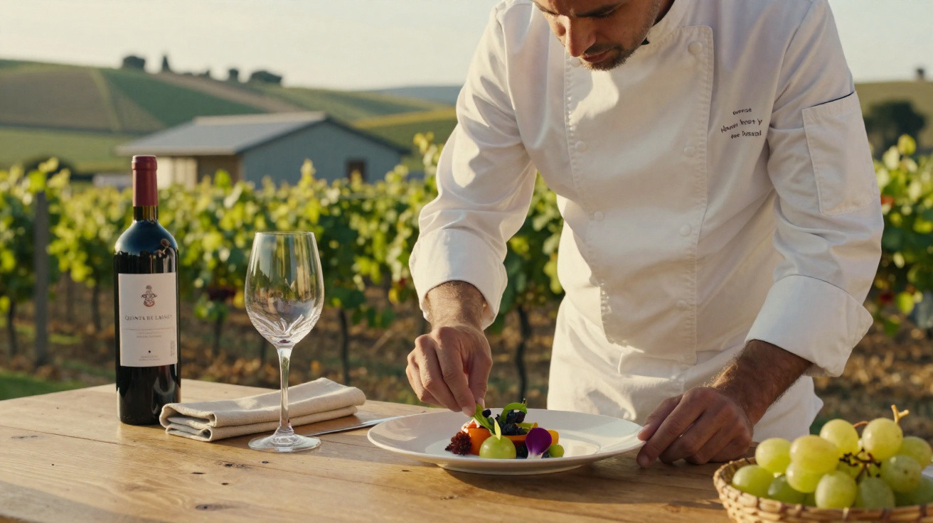 Chef a decorar prato gourmet numa mesa de madeira com garrafa de vinho e videiras ao fundo.
