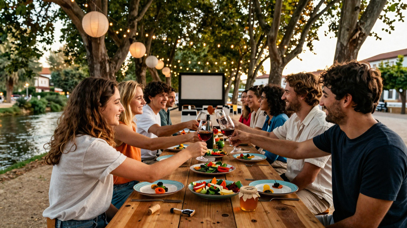 Grupo de amigos a brindar com copos de vinho durante jantar ao ar livre, à beira de um rio e sob árvores com luzes.