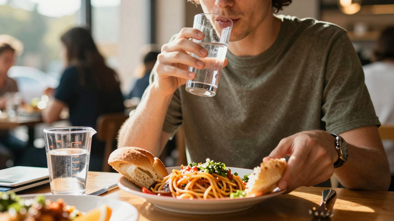Pessoa a beber água e a comer massa com pão numa mesa de restaurante iluminada pela luz natural.