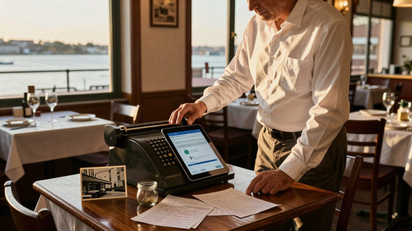 Homem a usar tablet posicionado numa caixa registadora num restaurante com vista para o rio.